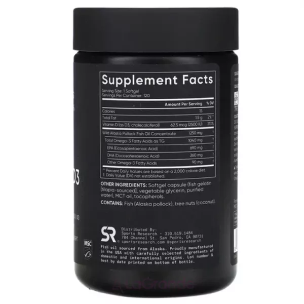 Sports Research Omega-3 Fish Oil Alask Omega 1250mg + D3 2500IU ĳ������ ������� 