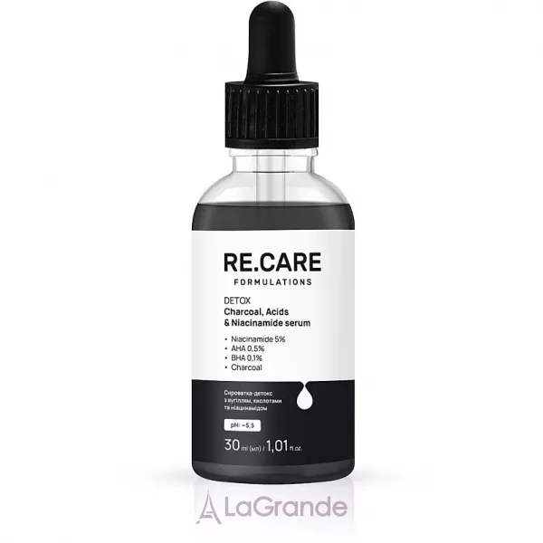 Re.Care Formulations Detox Charcoal, Acids & Niacinamide Serum ���������-������ � ����, ��������� � ������������