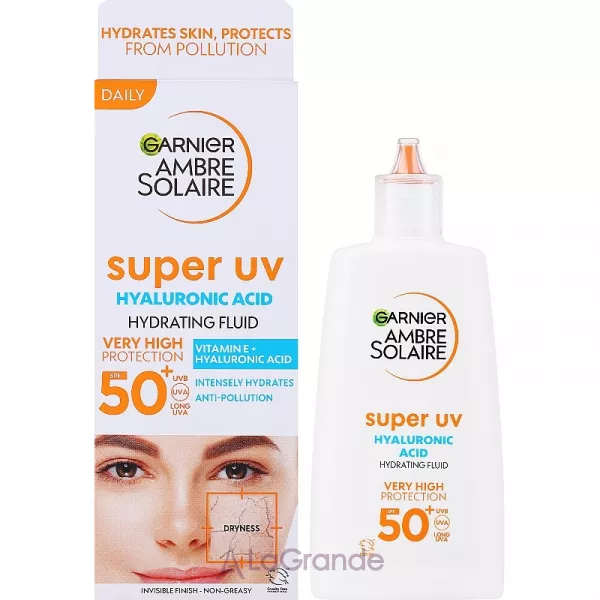 Garnier Ambre Solaire Super UV Hyaluronic Acid Hydrating Fluid SPF50+ �������������� ������������� ����� ��� ������� � ����������� �������� SPF50+