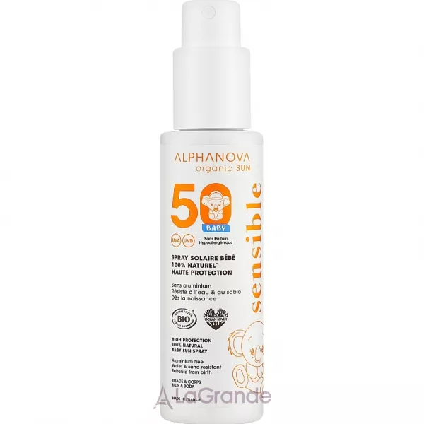 Alphanova Organic Sun Very High Protection 100% Natural Baby Sun Spray ������������ �������������� ����� SPF50 ��� ������� � �����