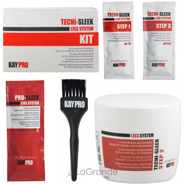 KayPro Tecni-Sleek Liss System Straightening Kit ���� ��� ����������� ������� (shmp/20ml + cr/100ml + mask/20ml + shmp/20ml + brush)