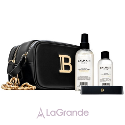 Balmain Paris Hair Couture Signature Black & Gold Pouch Gift Set  (h/cond/200ml + h/elixir/100ml + h/clip/1pcs + bag/1pcs)