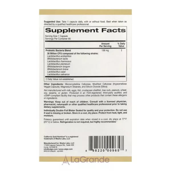 California Gold Nutrition LactoBif 30 Probiotics ����������, 30 ���� ���