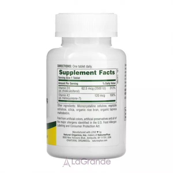 NaturesPlus Vitamins D3 K2 2500 IU/120 mcg ³���� �3 � �2