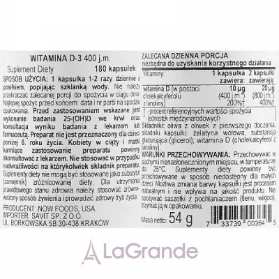 Now Foods Vitamin D-3 400 IU Softgels  D-3   