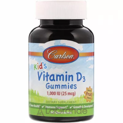 Carlson Vitamin D3 Gummies 1,000 IU Natural Fruit Flavors   3 1000 ,   