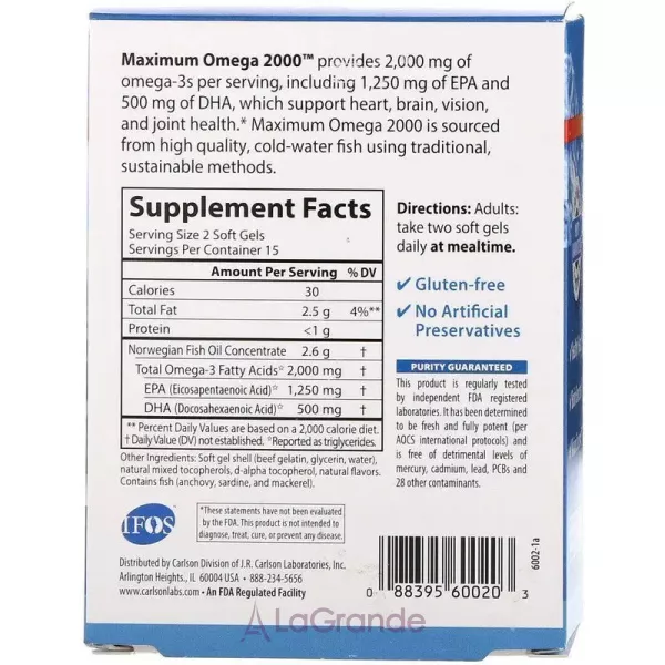 Carlson Maximum Omega 2000 mg Natural Lemon Flavor �����-3 � ����������� ������ ������
