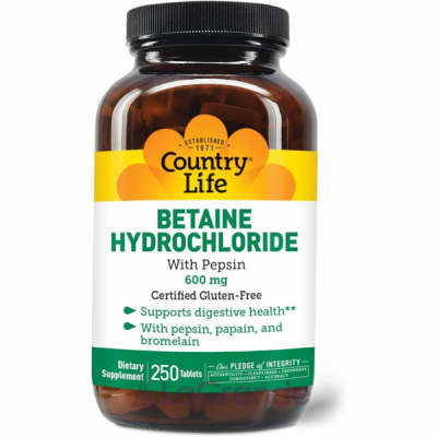 Country Life, Betaine Hydrochloride with Pepsin, 600 mg, 250 Tablets      