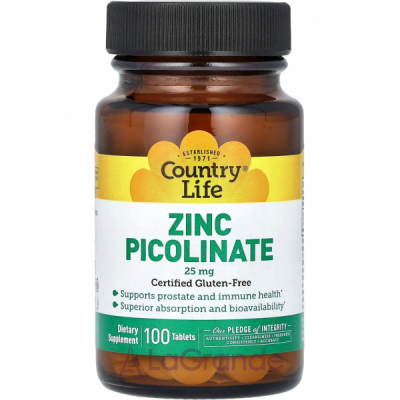 Country Life, Zinc Picolinate, 25 mg, 100 Tablets       