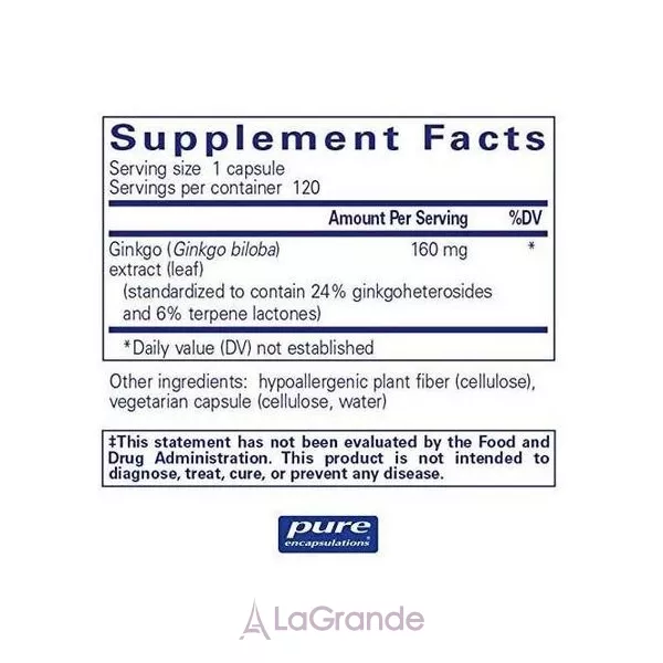 Pure Encapsulations Ginkgo Biloba 160 mg ������� ������� ��� �������� �����, ��������� �� ������ ������� �� ���'����, ���'������ � ��������