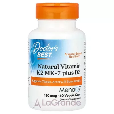 Doctor's Best, Natural Vitamin K2 MK-7 with MenaQ7 plus Vitamin D3, 180 mcg, 60 Veggie Caps  2 (Vitamin K2 MK-7 with MenaQ7 plus Vitamin D3) 180  60 