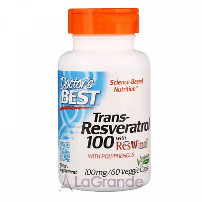 Doctor's Best, Trans-Resveratrol 100, 100 mg, 60 Veggie Caps -   ResVinol (Trans-Resveratrol with Resvinol) 100  60 