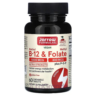 Jarrow Formulas, Methyl B-12 & Methyl Folate, 5000 mcg/800 mcg, Cherry Flavor    B-12 (Methyl B-12 & Methyl Folate Cherry Flavor) 5000/800  60    