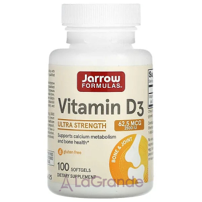 Jarrow Formulas, Vitamin D3, Cholecalciferol, 2,500 IU, 100 Softgels  D3  (Vitamin D3 Cholecalciferol) 2500  100 