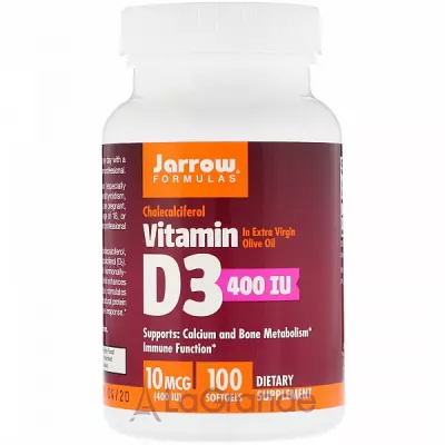 Jarrow Formulas, Vitamin D3, Cholecalciferol, 400 IU, 100 Softgels  D3  (Vitamin D3 Cholecalciferol) 400  100 