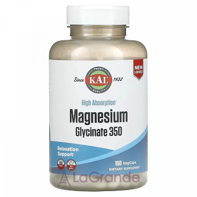 KAL, High Absorption Magnesium Glycinate 350, 160 VegCaps   (Magnesium Glycinate) 350  160 