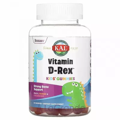 KAL, Kids Vitamin D-Rex Gummies, Peach, Mango & Strawberry, 60 Gummies     (Kids Vitamin D-Rex Gummies) 60   ,   