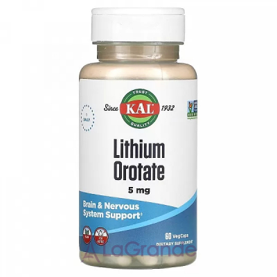 KAL, Lithium Orotate, 5 mg, 120 VegCaps   (Lithium Orotate) 5  120 