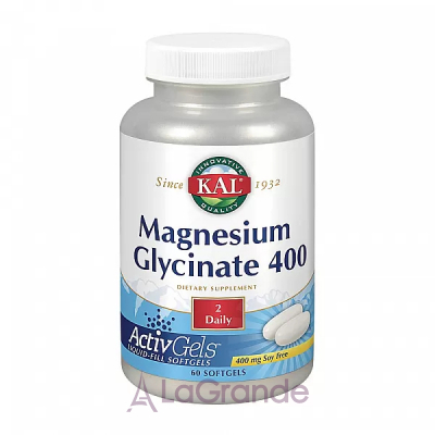 KAL, Magnesium Glycinate 400, Soy Free, 400 mg, 60 Softgels   (Magnesium Glycinate) 400  60 