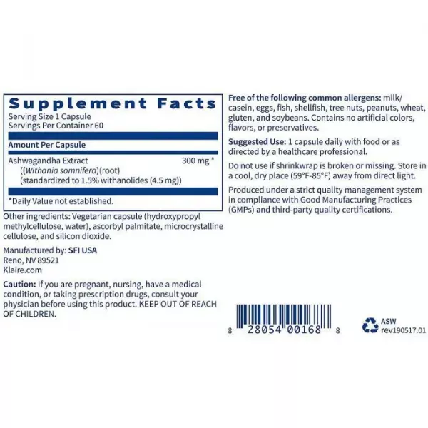 Klaire Labs Supplements Ashwagandha Extract 300 mg �������� ��������� (Ashwagandha Extract) ������������