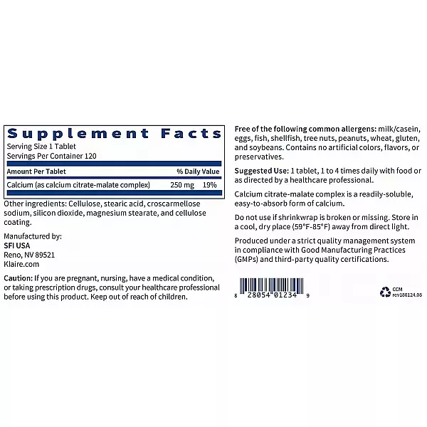 Klaire Labs Supplements Calcium Citrate-Malate 250mg ������� ������-����� ��� �������� ������ � ��������-���������� �������