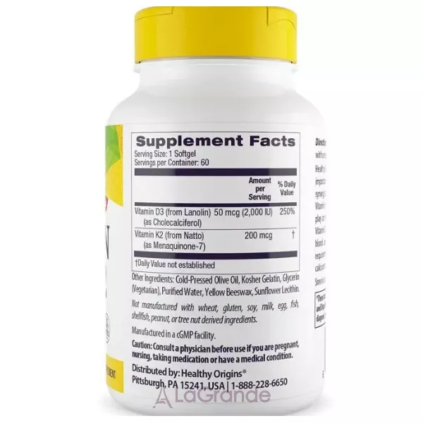 Healthy Origins Vitamin D3 50 mcg & Vitamin K2 200 mcg ������� �3 � �2 � ��������
