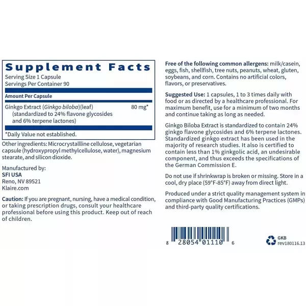 Klaire Labs Supplements Ginkgo Biloba 80 mg ������ ������ ��� ��������� ������ �����