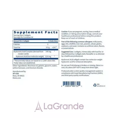 Klaire Labs, Hyaluronic Acid, 120 softgels ó  (Hyaluronic Acid) 120 