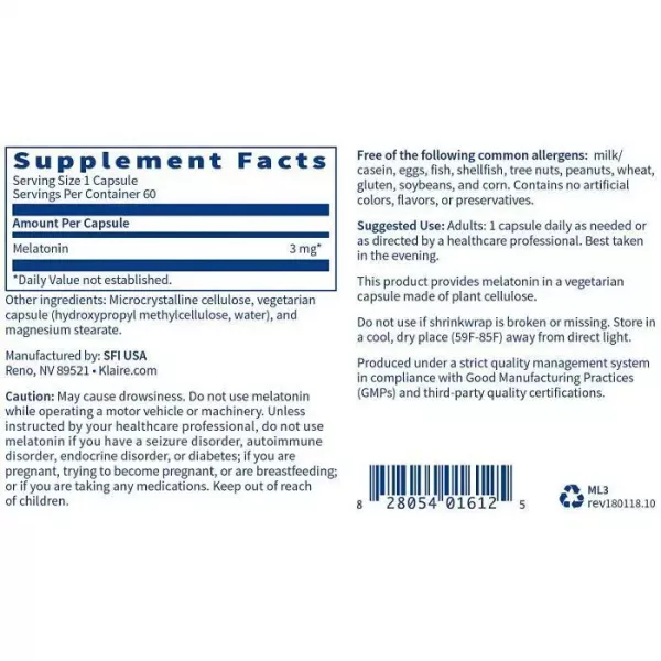 Klaire Labs Supplements Melatonin 3 mg ��������� (Melatonin) - ������ ��������� ���
