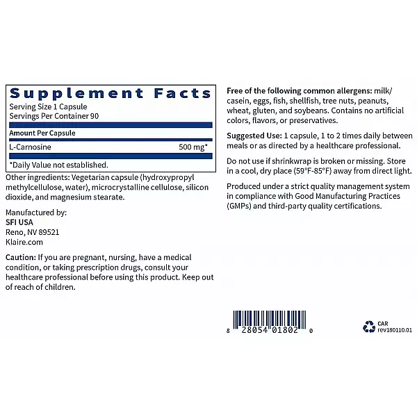 Klaire Labs Supplements L-Carnosine 500 mg L-�������� (L-Carnosine) ������������ ������ ��������
