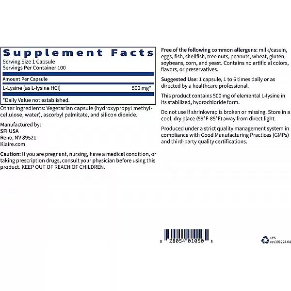 Klaire Labs Supplements L-Lysine 500 mg L ����� ��� ������ ������������ ���������