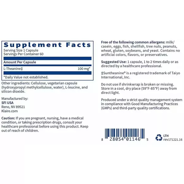 Klaire Labs Supplements L-Theanine 100 mg L-������ (L-Theanine) ��������������