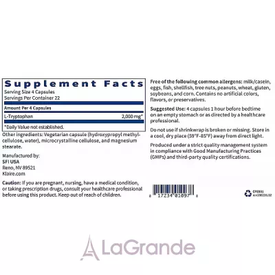 Klaire Labs, L-Tryptophan, 2000 mg, 90 capsules L- (L-Tryptophan) 2000  90 