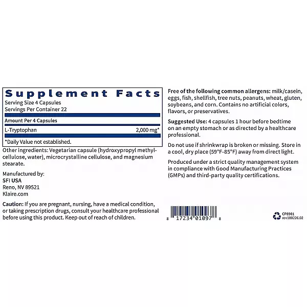 Klaire Labs Supplements L-Tryptophan 2000 mg L-��������� ��� ����������, ��������� ��� � �������� �������