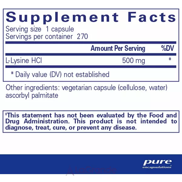 Pure Encapsulations L-Lysine 500 mg L-����� 500 ��
