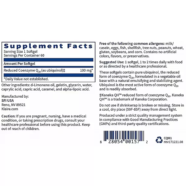 Klaire Labs Supplements Ubiquinol 100 mg �������� CoQH ��� ��������� �����