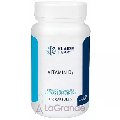 Klaire Labs, Vitamin D3, 125 mcg (5000 ), 100 capsules  D3 (Vitamin D3) 5000  100 