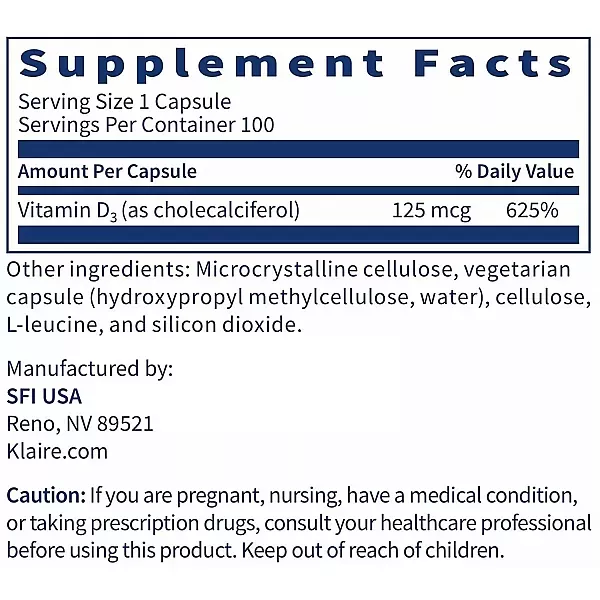 Klaire Labs Supplements Vitamin D3 125 mcg (5000 ��) ������� D3 ��� ����, �����, ������