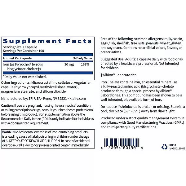 Klaire Labs Supplements Chelated Iron 30 mg ����������� ��������� ������ ��� ������������ ������ ����������� � �����