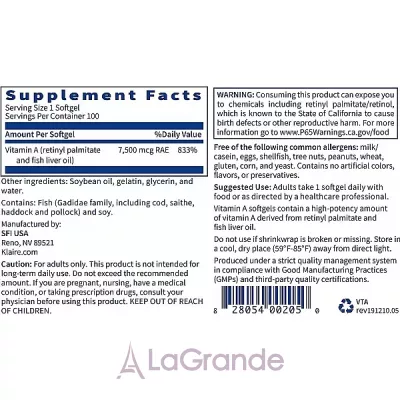 Klaire Labs,Vitamin A 7500 mkg (25000 ), 100 softgels ³  (Vitamin A) 25000  100 