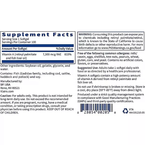 Klaire Labs Supplements Vitamin A 7500 mkg (25000 ��) ������� � ��� �����������, ����, ����, �������������� �������
