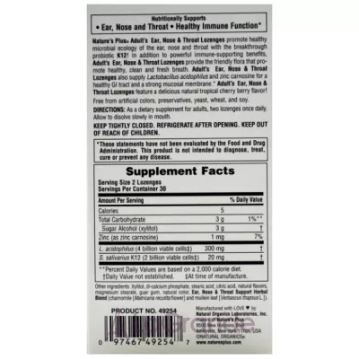 Nature's Plus Adult's Ear Nose & Throat Lozenges Natural Tropical Cherry Berry     12    ,   