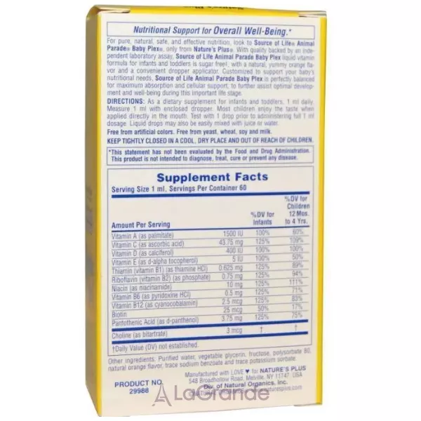 Nature's Plus Source of Life Animal Parade Baby Plex Sugar Free Multivitamin Liquid Drops Natural Orange Flavor ³����� ��� ��������, ���� ���������, ��� �����, � �������