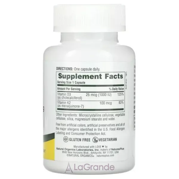 NaturesPlus Vit D3/Vit K2 1000 IU/100 mcg ³���� �3 �� �2 1000 ��/100 ��� � ��������