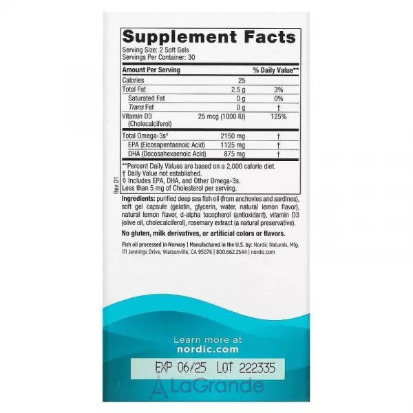 Nordic Naturals Ultimate Omega 2X with Vitamin D3 ����� ��� � ��������� D, 2150 ��/1000 ��, �� ������ ������