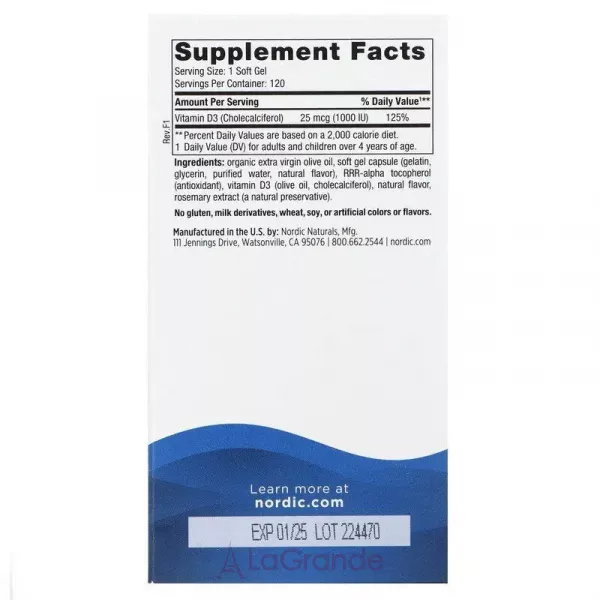 Nordic Naturals Vitamin D3 1000 IU ������� D3, 1000 ��, �� ������ ���������