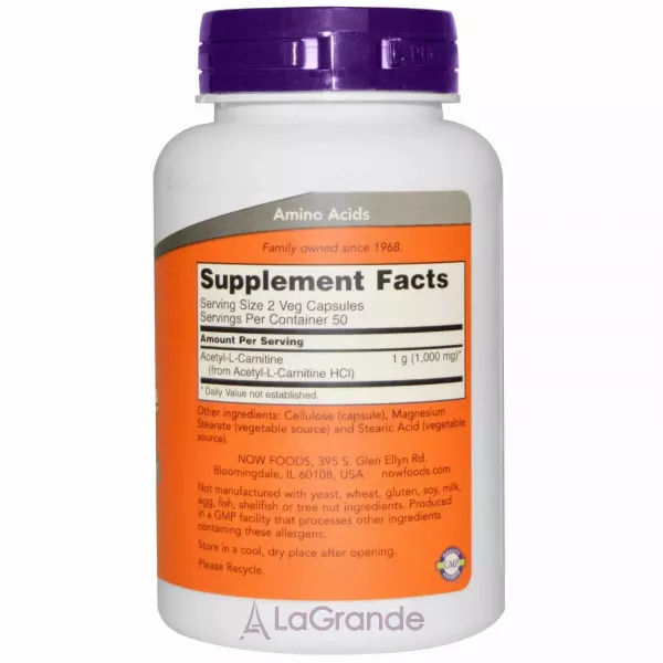 Now Foods Acetyl-L-Carnitine 500 mg ������-�-��������, 500 ��