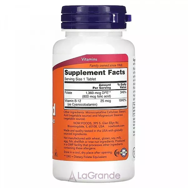 Now Foods Folic Acid with Vitamin B-12 ��볺�� ������� � ������� �-12, 800 ���/25 ���