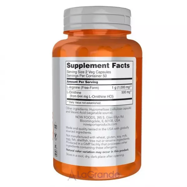 Now Foods Sports Arginine & Ornithine ������ �� �������, 500 ��/250 ��