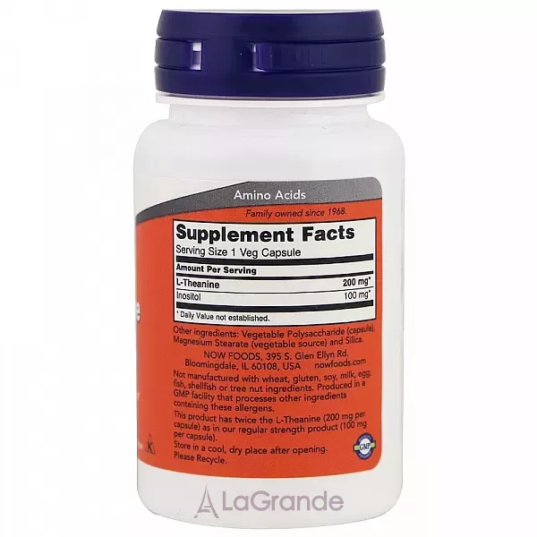 Now Foods Double Strength L-Theanine 200 mg L-������, ������� ����, 200 �� (�������� ������, ���������� ��� ���������, �������� �������-������� �������)